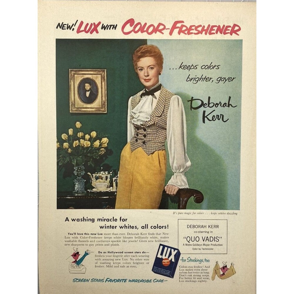 LUX Flakes Deborah Kerr: Keeps colors brighter" starring "QUO VADIS" MGM Ad 1951